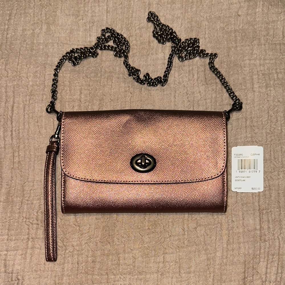 Coach Crossgrain Leather - Dark Blush Metallic Wristlet/Chain Crossbody Bag NWT